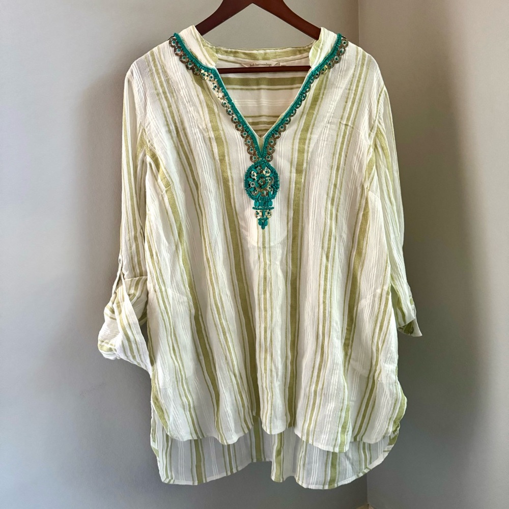 Soft Surroundings Elisha Tunic 100% Cotton Turquoise Beaded Striped Blouse XL